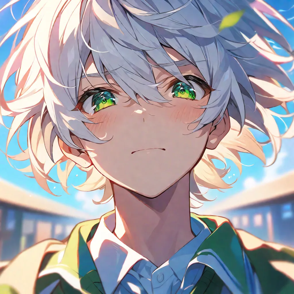 (masterpiece, Hi-Res, Best Quality), Alone, 1 male, 17-year-old boy、 high school student、 white hair、 short hair、 green eyes、with a stuffy face、uniform、schools、sunlight、anime style、Mainly Face、