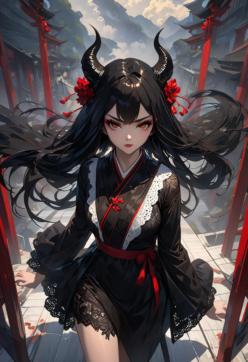 ((complicated details)),Dark Fantasy (/ style/),  Gloomy Atmosphere , ( Beautiful Succubus Girl , long hair), (Sexy Black Lace Outfit), (lustful expression) ,  is dull, sharp concentration, movie, (walking pose, Dynamic Poses), trending at art stations, (m...