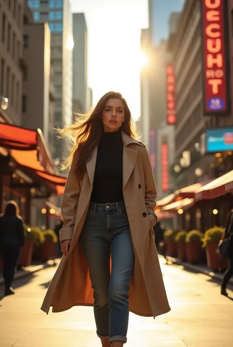 A stylish young woman walking through a bustling city street in the late afternoon. She wears a flowing beige trench coat over a black turtleneck, paired with high-waisted jeans and ankle boots. Her long, wavy brown hair catches the breeze as she gazes con...