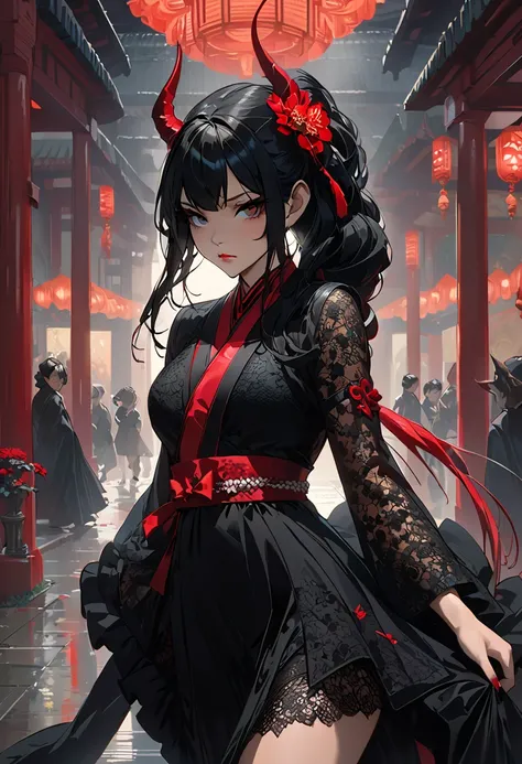 ((complicated details)),Dark Fantasy (/ style/),  Gloomy Atmosphere , ( Beautiful Succubus Girl , long hair), (Sexy Black Lace Outfit), (lustful expression) ,  is dull, sharp concentration, movie, (walking pose, Dynamic Poses), trending at art stations, (m...