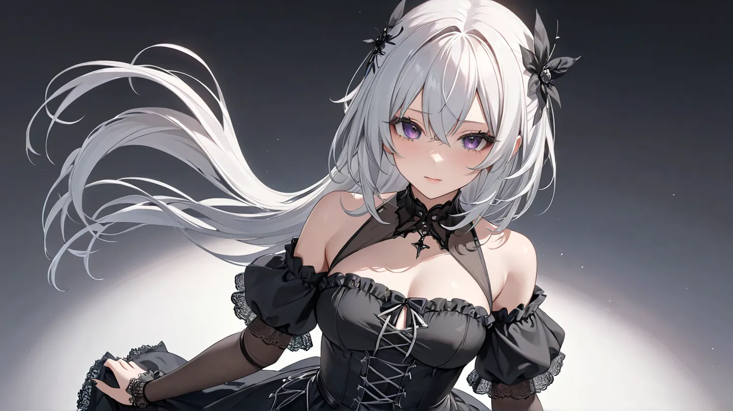 (Best Quality,  masterpiece,  super precise, Hi-Res), 8k,  Anatomically Accurate Body , Nightcore, black dress,  Gothic Maiden anime girl , White-haired goddess, beautiful charming anime woman, simple background, beautiful face, perfect face, 非常に詳細なbeautif...