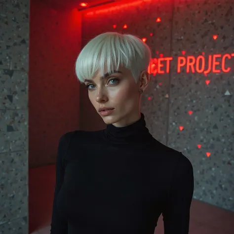 Hyperrealistic and artistic portrait of a very beautiful Italian woman, with white hair in an avant-garde haircut. She is dressed in sophisticatedly designed black clothing, posing elegantly in an abstract setting. The lighting is soft and cinematic, highl...