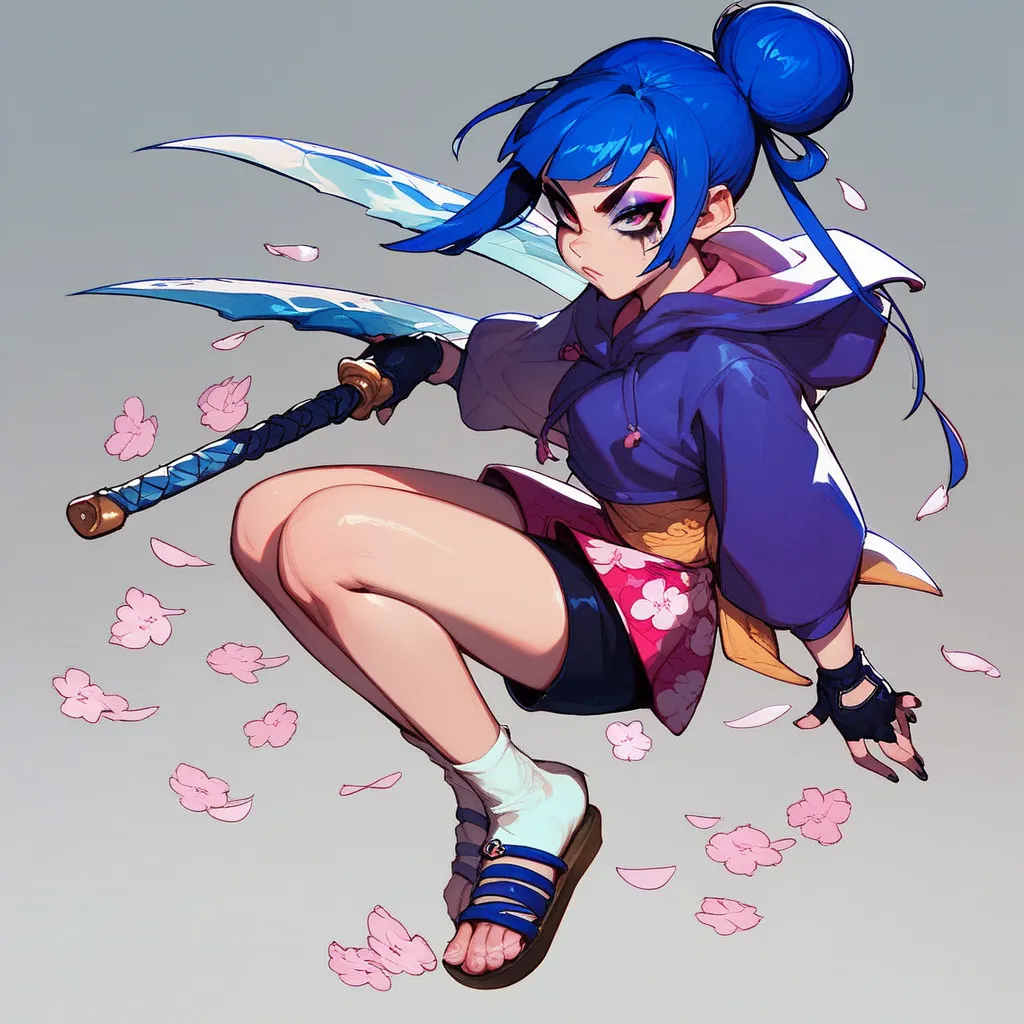 1girl, Bangs, blue hair Hair Bun, a hood up  kunoichi Violet 
Hoodie cherry blossom pattern long sleeve  fingerless gloves skirt socks and sandals kung fu shorts bow behind her back  geosha makeup holding a weapon blade tessen fans