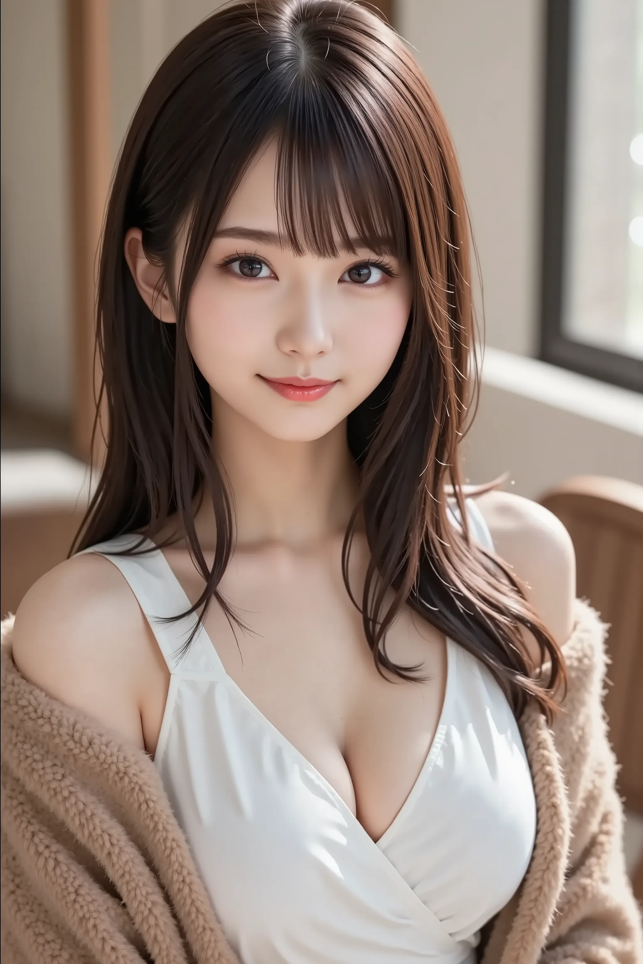 (a state where the face is accurately positioned in the center of the image: 1.5), (upper breast: 1.5), (fully reflects the entire head: 1.5), (Face clearly visible: 1.2)、 (braless fur coat : 1.4), (fireplace : 1.5), LONG HAIR、 black hair、bangs, smile, you...