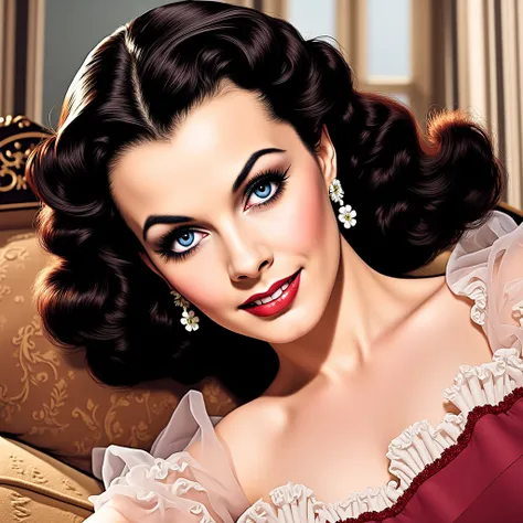 (masterpiece:1.2, Best Quality),8k, wallpaper,((american Comic art, thick outline, flat color:1.3)),(Vivien Leigh as prostitute), view from front, ((full body, lying on the sofa)), perfect eye,detailed face, kindly expression ,