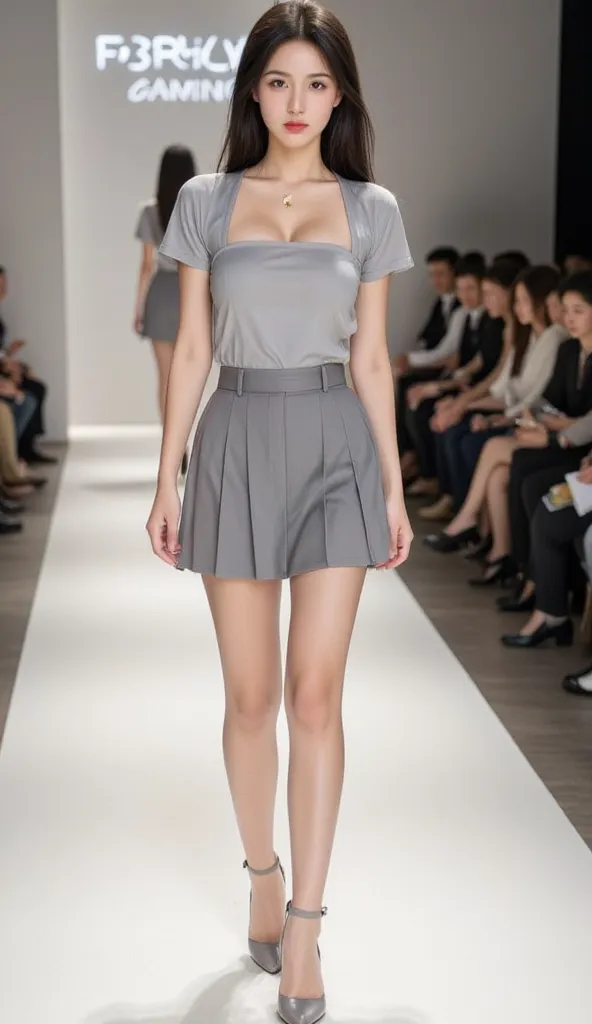 A girl in a gray blouse gray mini skirt,  on the fashion stage