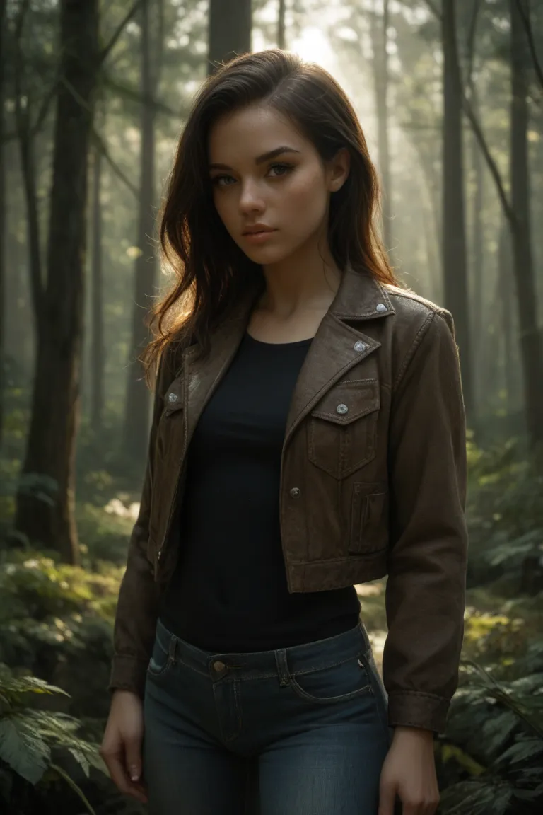 Female early 20s , dark brown hair, wild swept. Pale complexion.  In a dark forest wearing dark jacket and jeans.