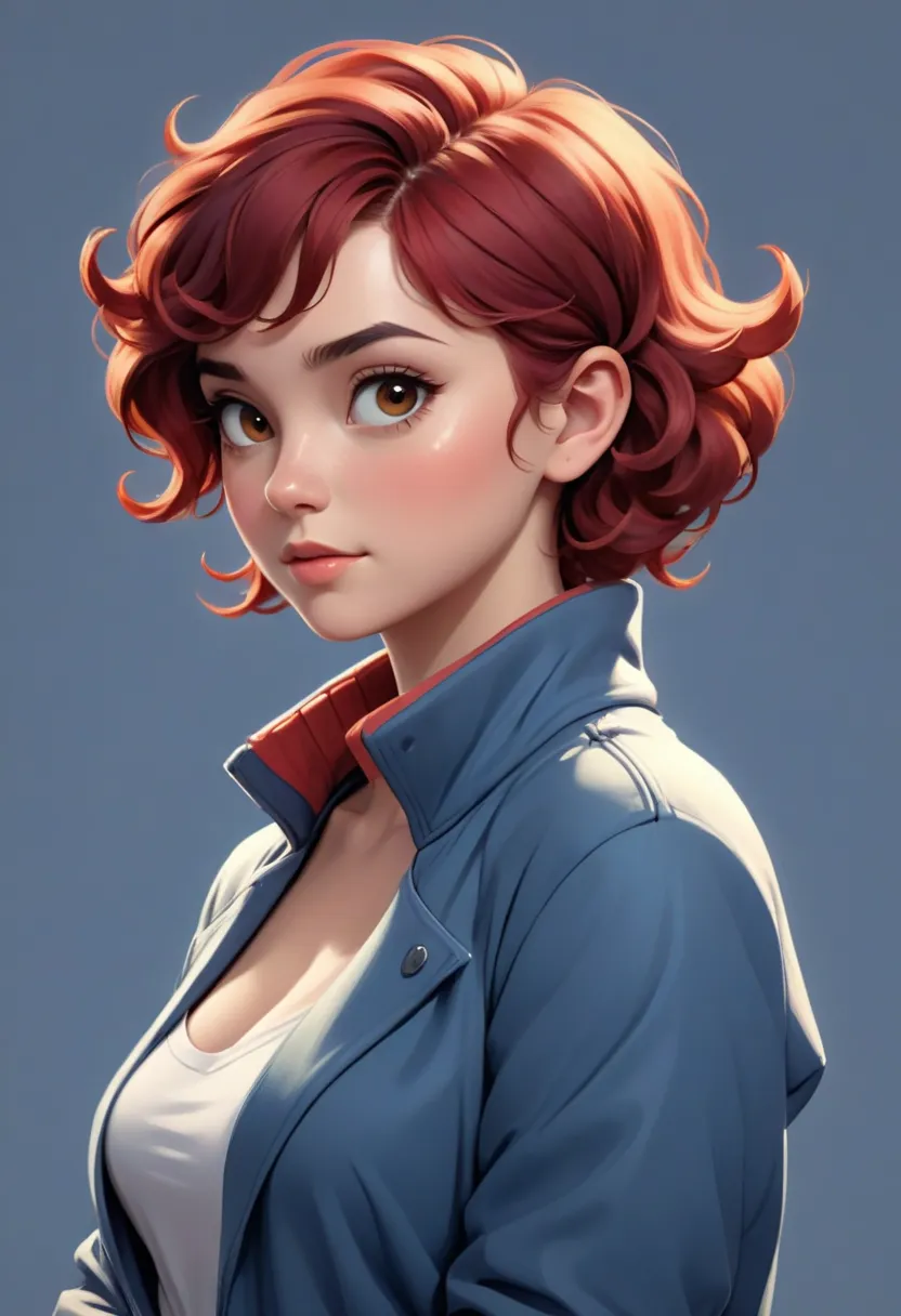 Young woman with short curly red hair, wearing a casual modern jacket, with a mini scarf loosely wrapped around her head, covering the back and sides while allowing some front curls to show, looking directly at the camera, digital paint look, painting 3D, ...