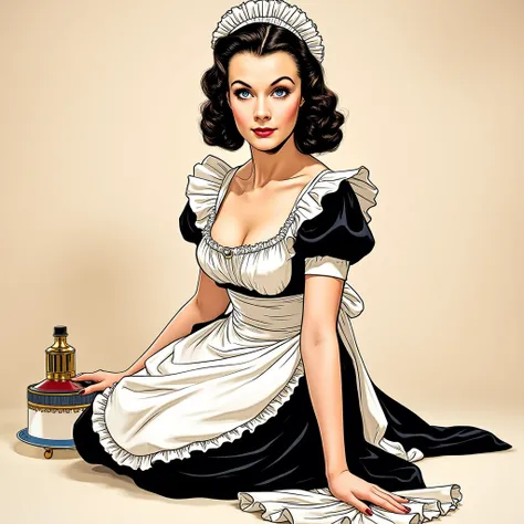 (masterpiece:1.2, Best Quality),8k, wallpaper,((american Comic art, thick outline, flat color:1.3)),(Vivien Leigh as sensual maid), view from front, ((full body, kneeling on the floor and wiping)), perfect eye,detailed face, kindly expression ,