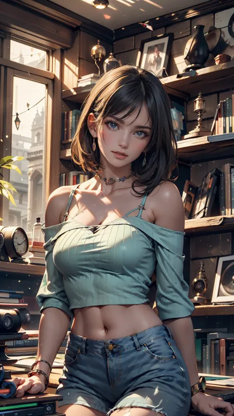 best quality, 1 girl crouching, ((viewer)),  dark blue hair ,  dark eyes, very short hair,  spiny hair, stupid hair,  Midriff Length Off-the-Shoulder Tops(midriff length off-shoulder top that fits over London Bridge)、HIGH WAIST JEANS, 171cm, Halterbra,  o,...