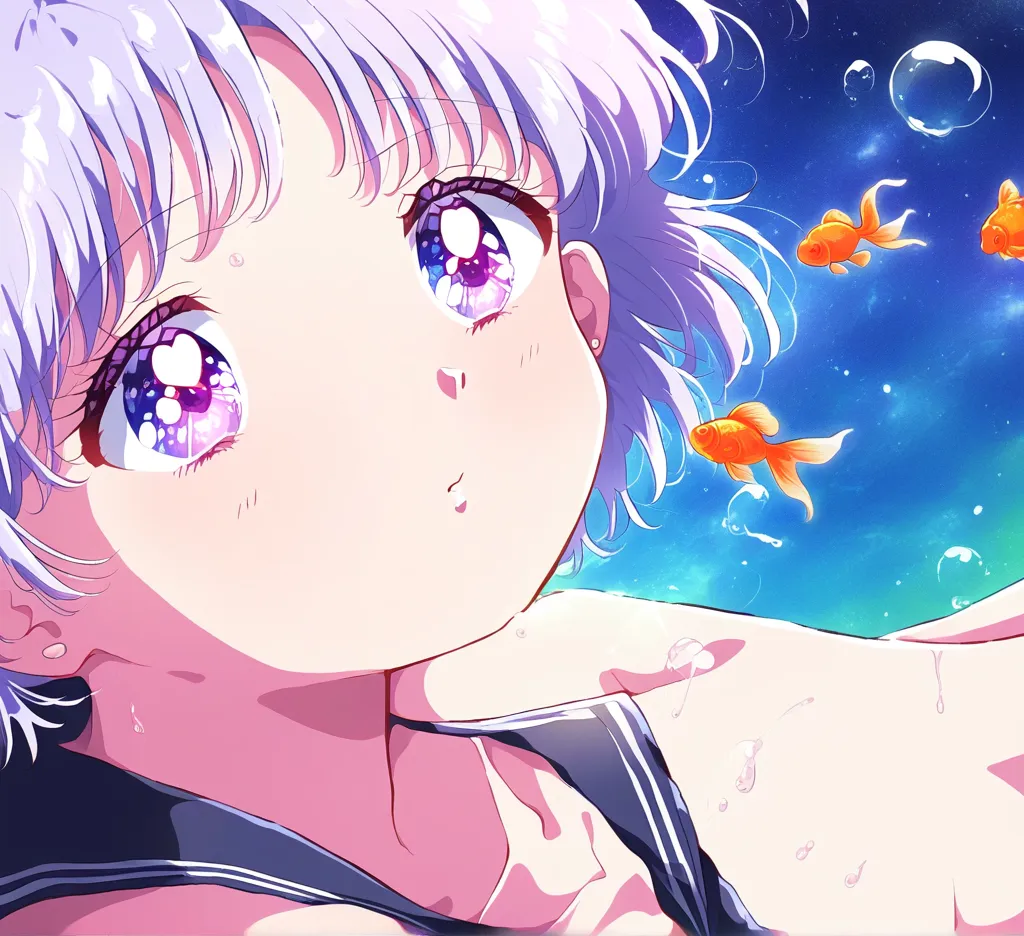 (woman\(student, Age 15, ＪＫ,  short hair,  Silver Hair, floating hair, Space-colored eyes , black sailor suit\(High school\), pale skin,  tired face, no light in eyes\) in bed looking up at the sky), (Many goldfish are swimming in the air), beautiful sky f...