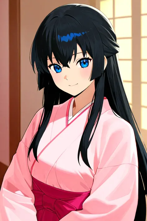 A beautiful anime woman with very long dark black hair, attractive blue eyes, looking beautiful, red cheeks, wearing a pink traditional Japanese outfit