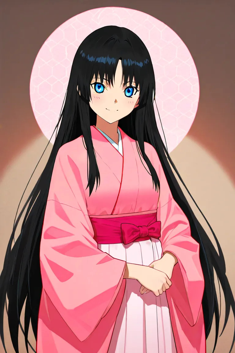 A beautiful anime woman with very long dark black hair, attractive blue eyes, looking beautiful, red cheeks, wearing a pink traditional Japanese outfit