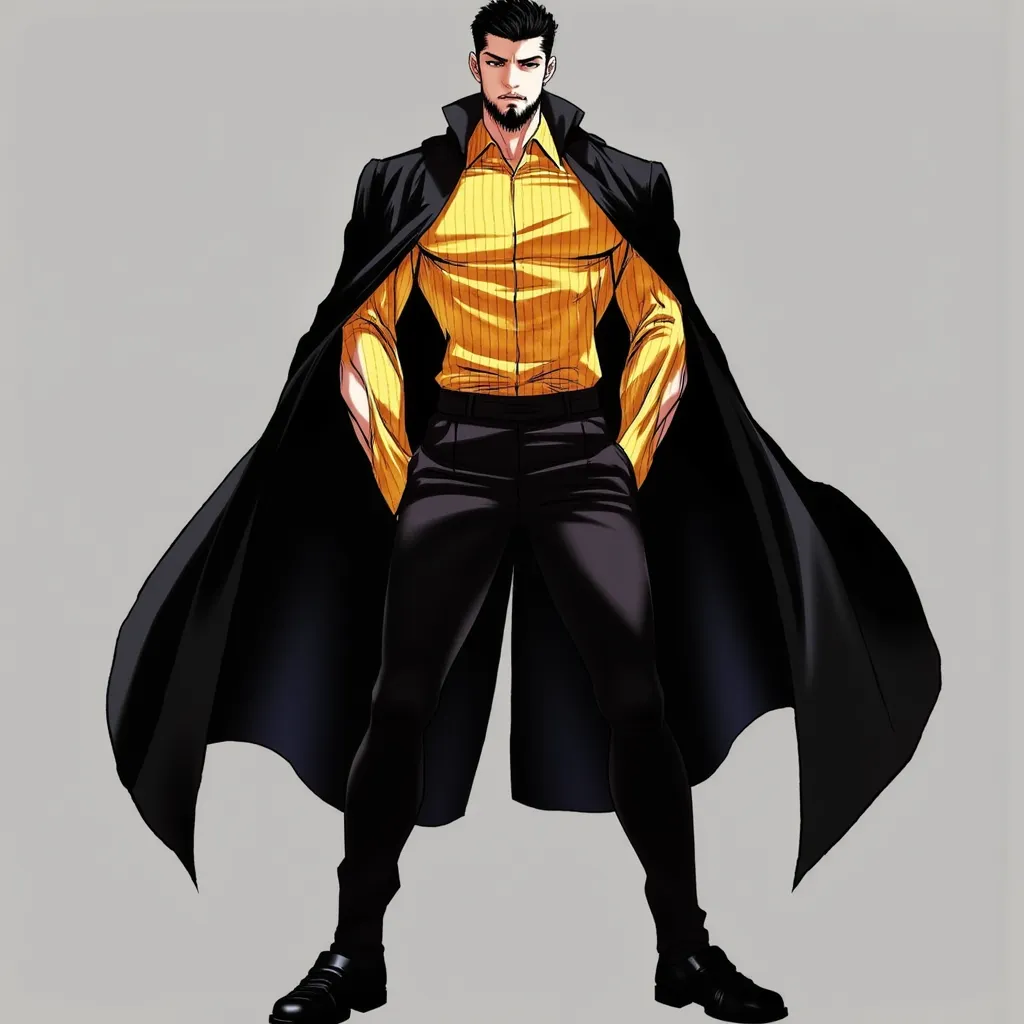 Inner scene "look" Manga with tall male character, athletic body, strong, short hair, black hair, handsome appearance, sharp angular facial features , Elegant tall male figure, , Confident and relaxed posture, strong jawline, intense gaze, muted color pale...