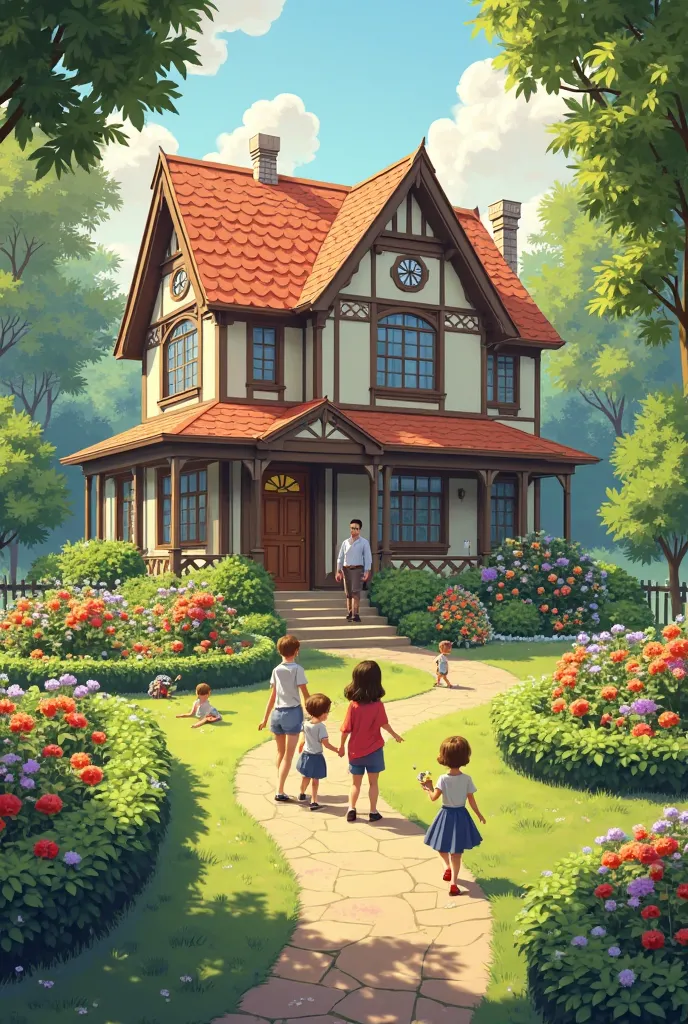 A beautiful house with a small garden in front of it, five ren playing and a father and mother sitting happy next to them