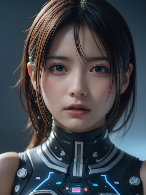 women modded androids, women robotic vibe, woman, female robot android, metal parts face, white skin, clear blue eyes, detailed portrait, photorealistic, emotionally expressive, dynamic pose, intricate mechanical components, glowing blue circuitry, translu...