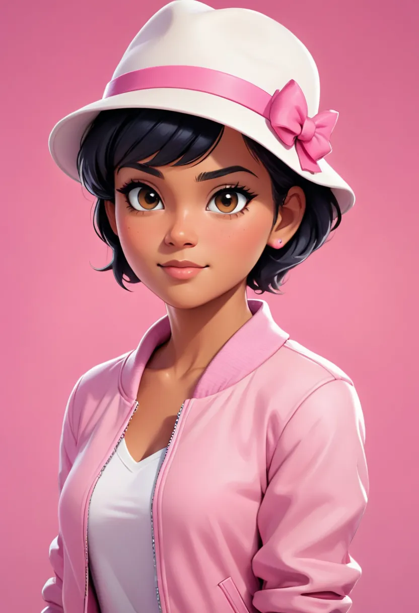 
Tanned-skinned woman with short black hair, wearing a white hat with a pink bow and a pink jacket, looking directly at the camera, digital paint look, painting 3D, casual game style, front light lighting, solid background portrait