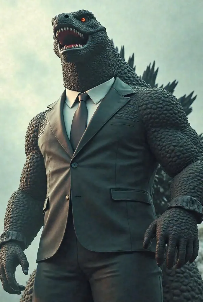 Godzilla in political suit with tie. He is so angry 