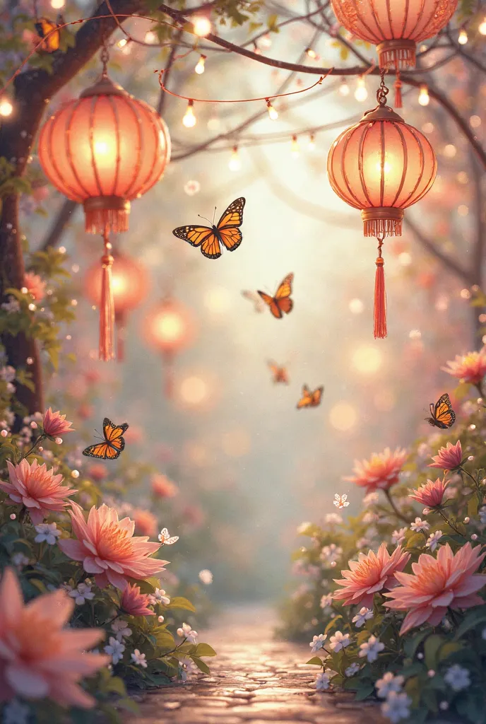 Butterflies and lanterns hanging on strings with flowers and pearls