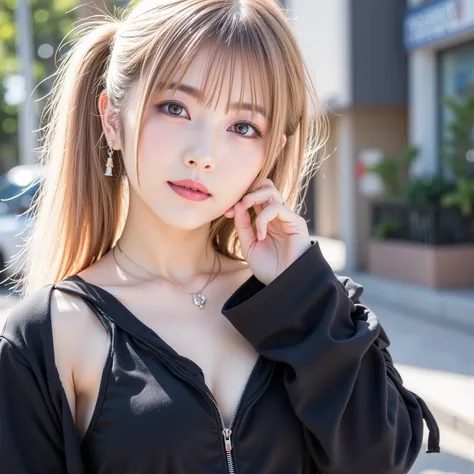 ((8K wallpaper)),((blond hair)),((side ponytail)),((big breasts,Big Breasts)),((dark pink eyeshadow with dark orange lipstick)),(( beautiful Japanese girl)),((Intelligent Glasses)),((street corner background )),((colorful manicure for nails)),((earrings, n...