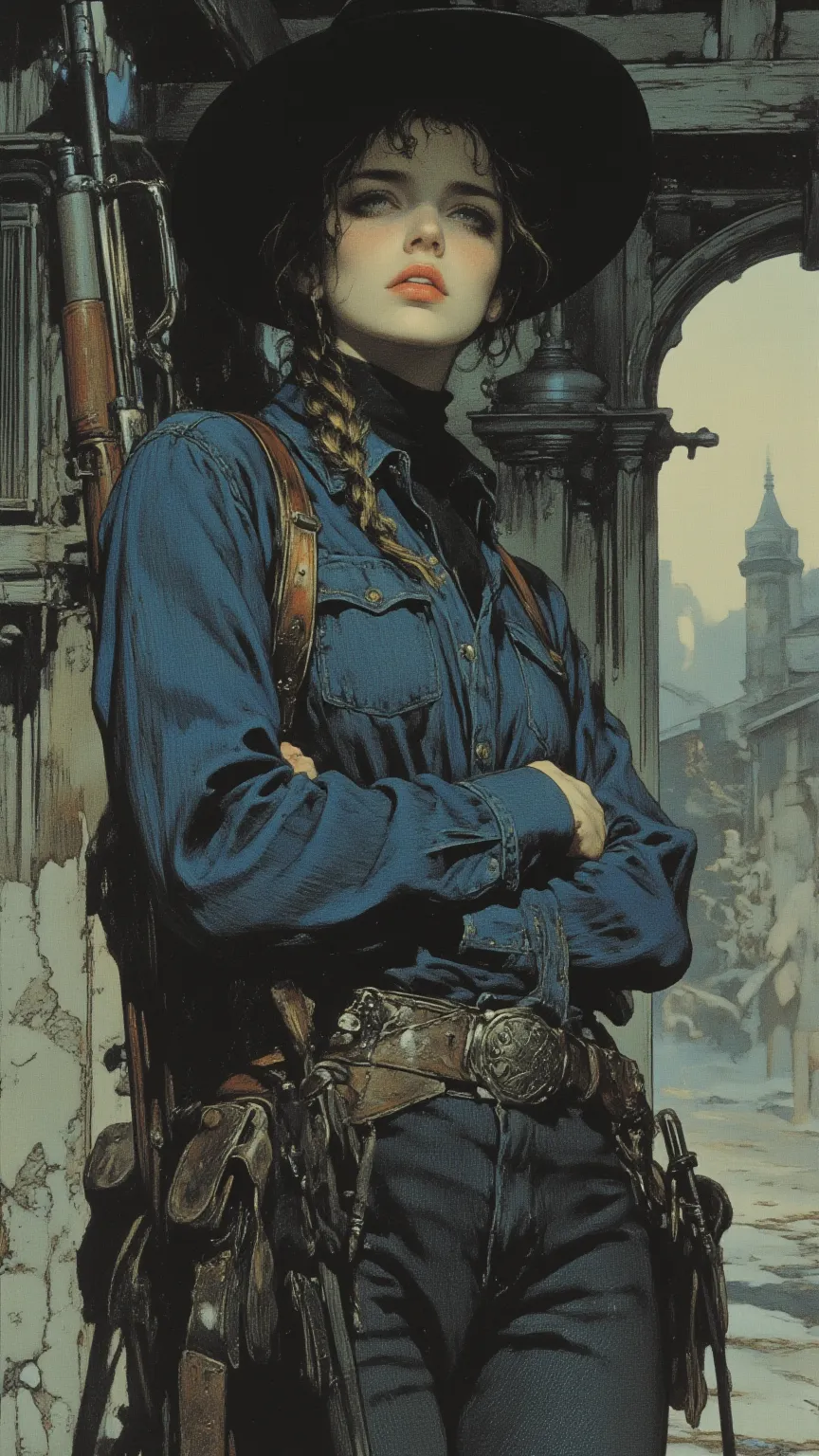  Photographed from an oblique position、 Fisheye 、 High School Girl , exudes a strong expression of profound wisdom and mystery, misty,  Dream Background 、 Denim style、Wearing a dark cowboy hat、 Kaneko、braid、Carrying an old rifle on the shoulder、