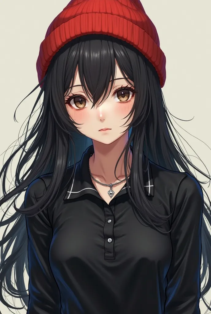 White anime girl wearing red beanie hat with long black hair, a black long-sleeved polo shirt and a simple silver chain, dark brown eyes 