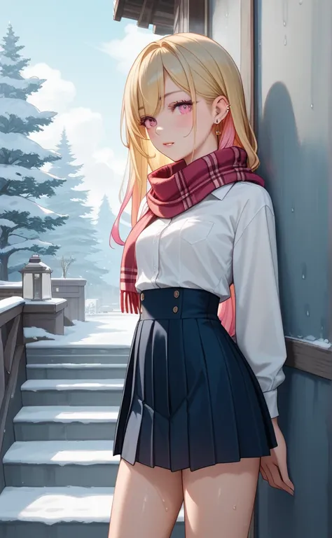 KJOmarin,  blonde,  long hair, pink eyes, earring, Ear Piercing, Multi-colored hair, Score_9, Score_8_climb, Score_7_climb, Source_ Anime, great performance,best quality,  small breasts, Collared shirt, Long hem, Pleated skirt, sweat, cold front,With a sca...