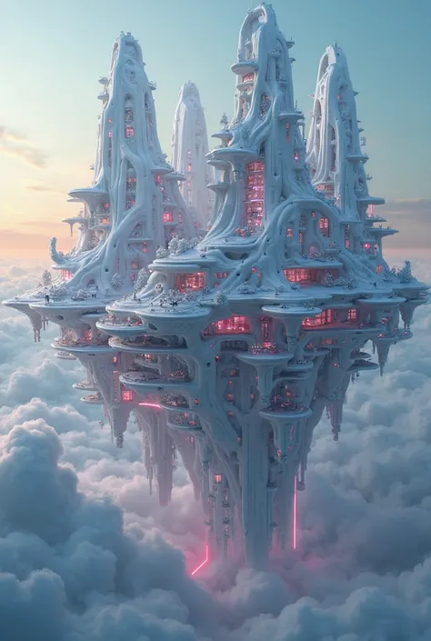 A futuristic city floating among clouds, with organic architecture and neon lights