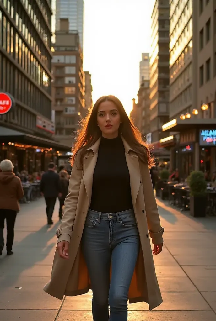 A stylish young woman walking through a bustling city street in the late afternoon. She wears a flowing beige trench coat over a black turtleneck, paired with high-waisted jeans and ankle boots. Her long, wavy brown hair catches the breeze as she gazes con...