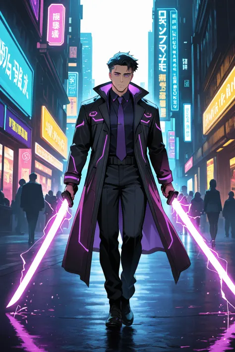 Cyberpunk, futuristic, Handsome man, dark and brooding, black trench coat, business suit, purple arcs of electricity coming from their suit, Purple neon lights, dark black hair, bionic arms, organic body, organic legs, smiling, walking through the city, ho...