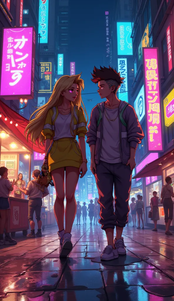  stylish age girl with long blonde hair, bright pink eyes, and a playful personality walks alongside a shy, dark-haired young man with soft eyes. They are in a neon-lit city street at night, surrounded by glowing billboards and bustling food stalls. The gi...