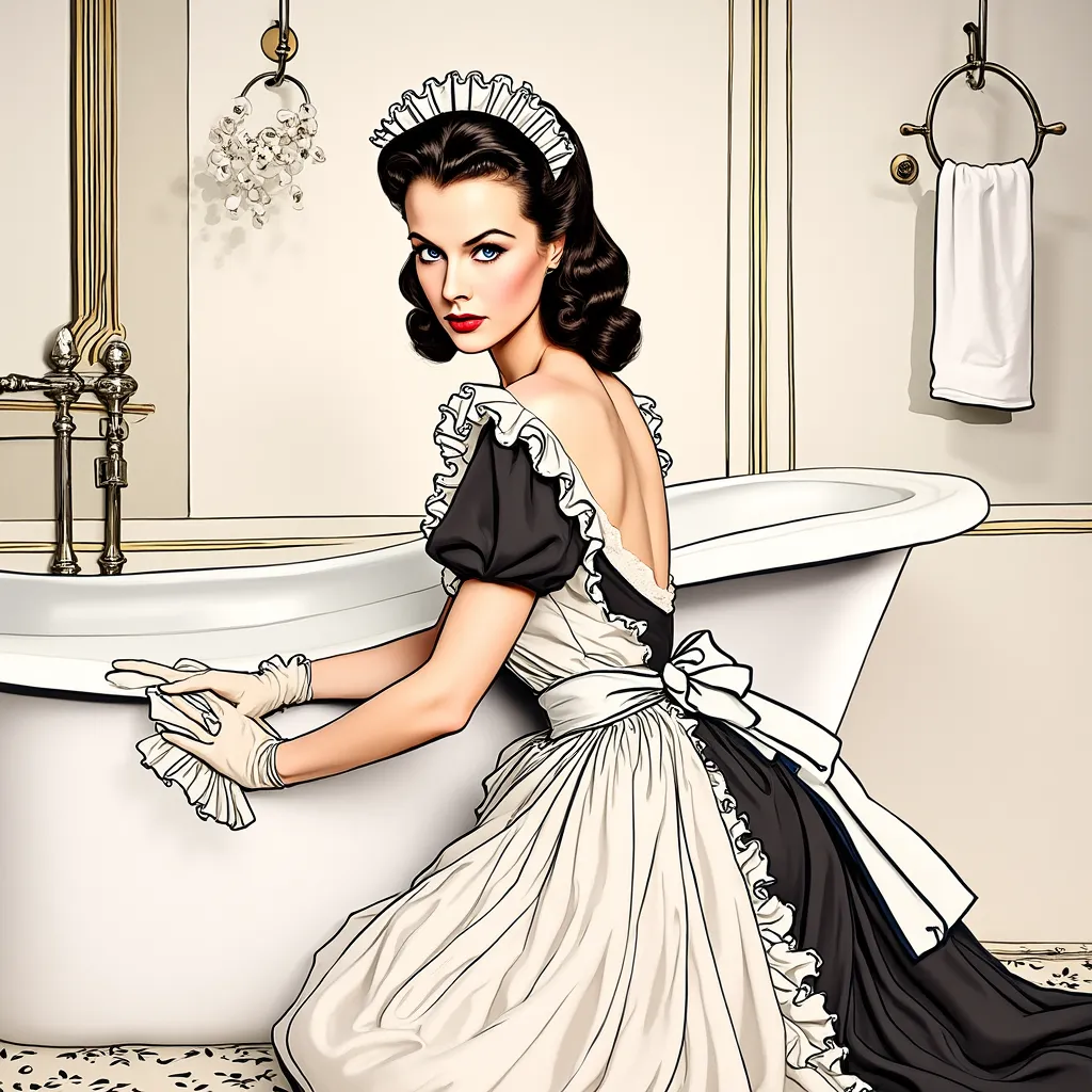 (masterpiece:1.2, Best Quality),8k, wallpaper,((american Comic art, thick outline, flat color:1.3)),(Vivien Leigh as sensual maid), view from front, ((full body, kneeling on the bath and wiping)), perfect eye,detailed face, kindly expression ,