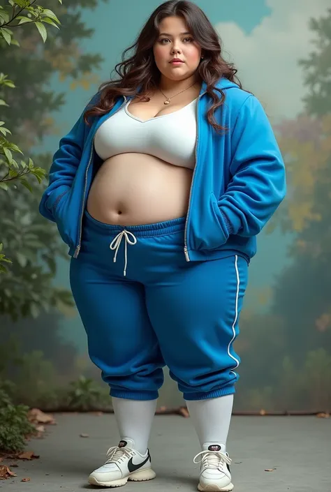 A fat lady like a balloon at the age of 20 and wearing a blue tracksuit and white knee socks and her belly is sticking out and it has to be realistic