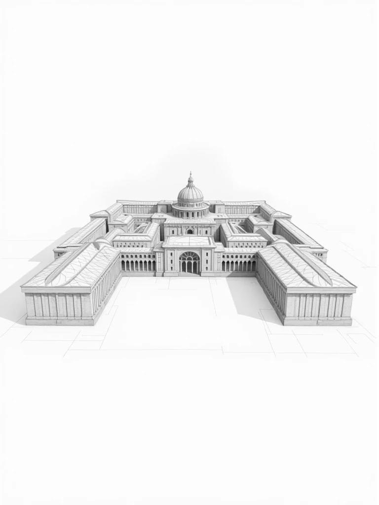 Minimalist blueprint of a vast Italian architectural complex, lots of buildings, structural drawings, line drawings, white background, minimalist, construction drawings, showcasing intricate arches and grand facades.