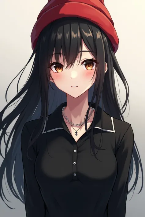 White anime girl wearing red beanie hat with long black hair, a simple black long-sleeved polo shirt and a simple silver chain, dark brown eyes 