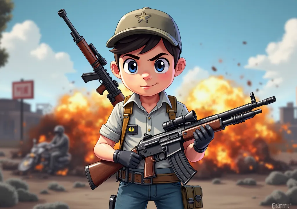 create youtube thumbnails for pubg pc game livestream, create interesting ones with cute guy cartoon characters holding weapons ready for pubg war, 1 guy drive