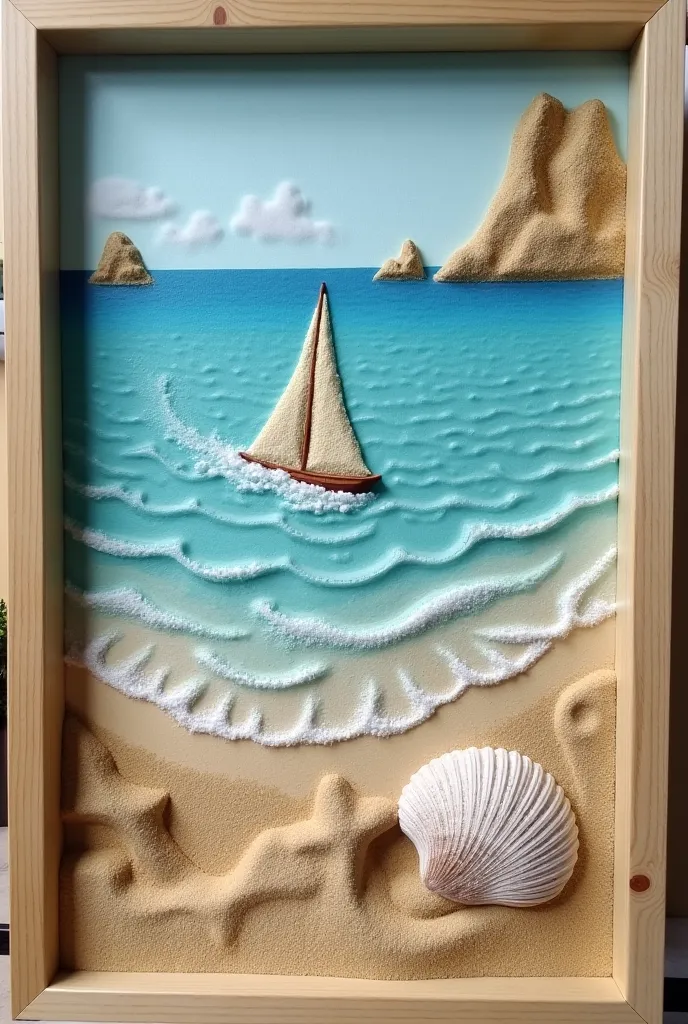 please draw me a framed sand picture. with the theme of the sea: can be a boat or a seashell 