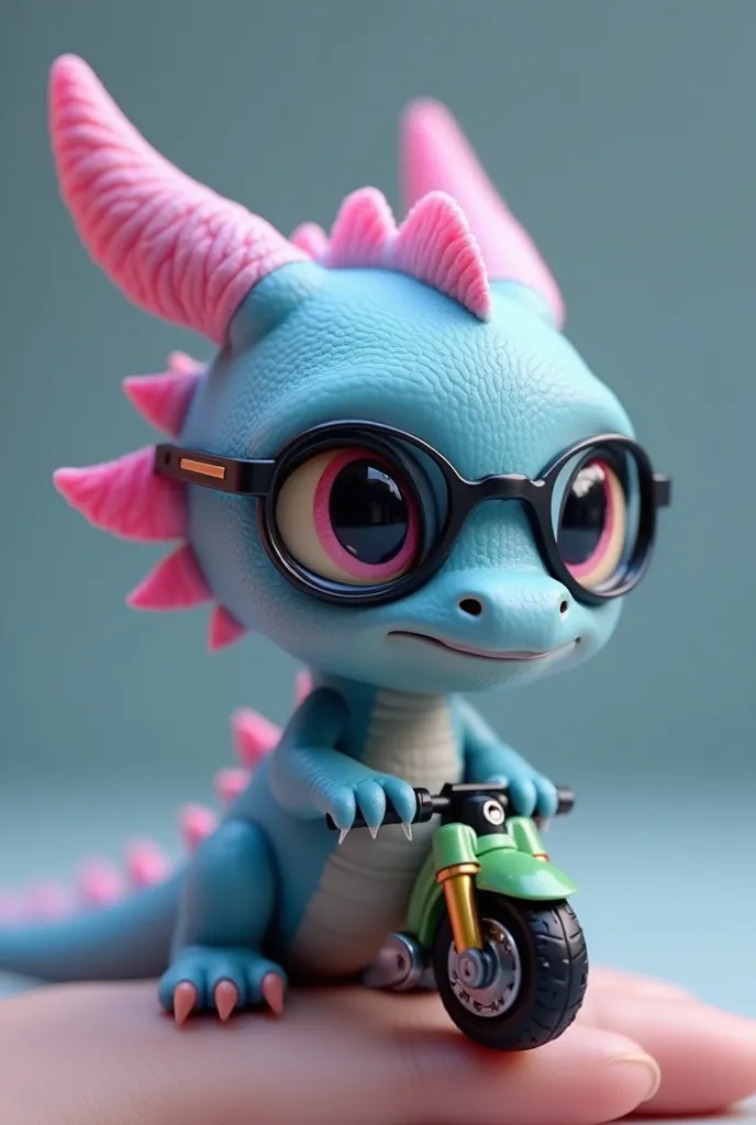  A blue dragon with a pink tip, wearing black glasses. The little one is sticking to your finger.、 Dragon, a bright little futuristic motorcycle,  green and black , Smooth and Sleek, Carbon Fiber Material,  การทำ 3D Rendering, Octane Rendering, 8k,  Ultra ...