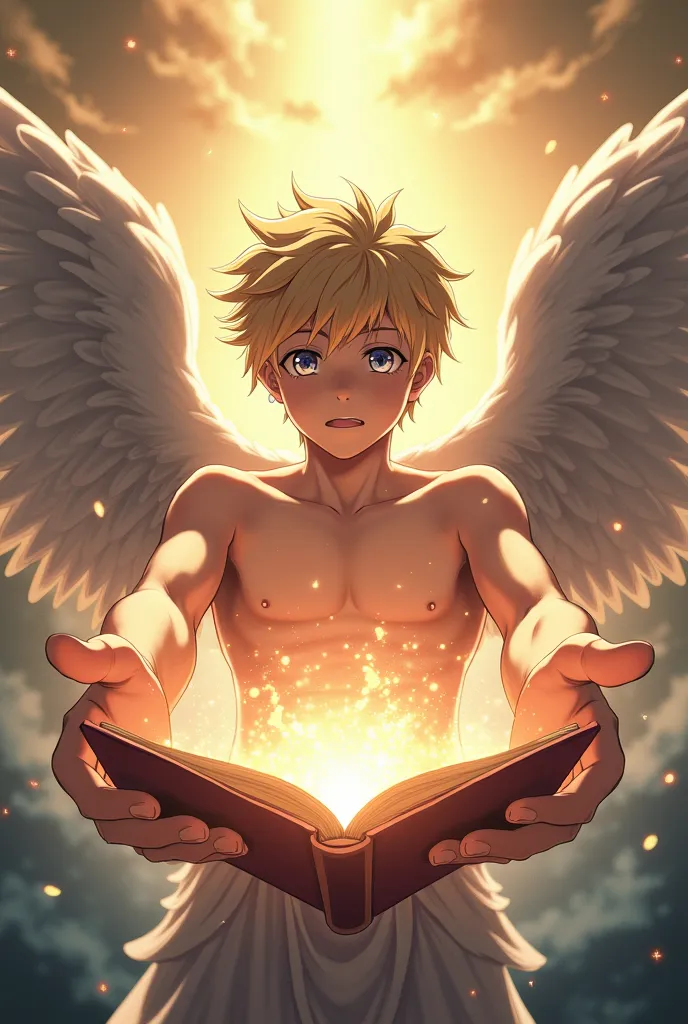 A poster featuring God's given abilities. The angelic boy extending their hands in a perspective making them look massive. They have no clothes showing their physique (and in their palms is a floating book with talents such as music sports and drawing comi...