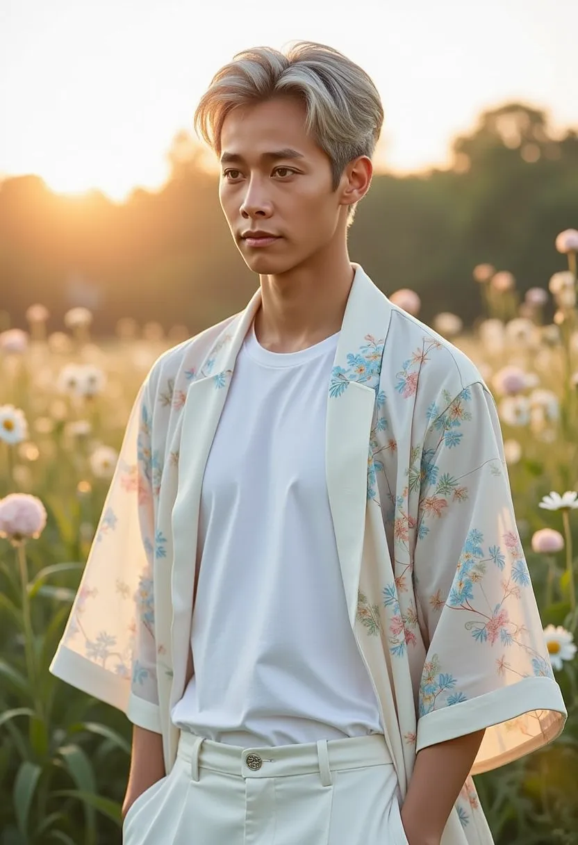 A handsome mixed Latino and Asian male supermodel, late twenties, 165 cm tall, with a slender, well-proportioned physique and a smooth, clean face, exudes a sense of tranquility and effortless elegance. His symmetrical features, thick ears, and slightly op...