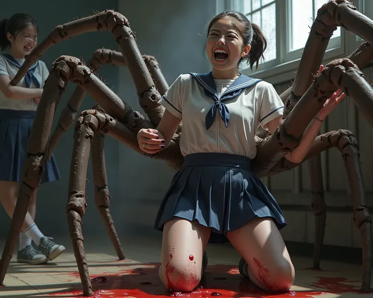 Female students in uniform are eaten by giant spiders。
 she is screaming in so much pain。
She has wide open thighs。
A spider is slurping her 。
実写風
彼女はtearsを流しながら助けを求めている
号泣，tears