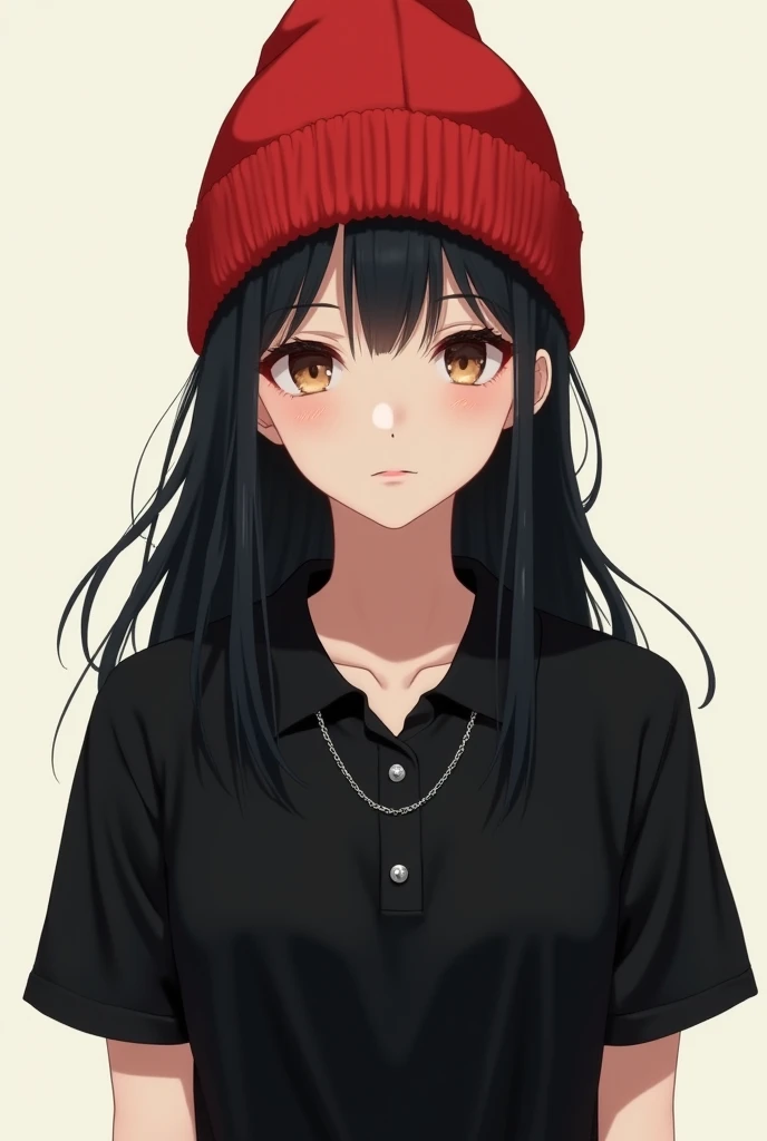 White anime girl wearing red beanie hat with long black hair, a simple closed black long-sleeve polo shirt and a simple silver chain, dark brown eyes 