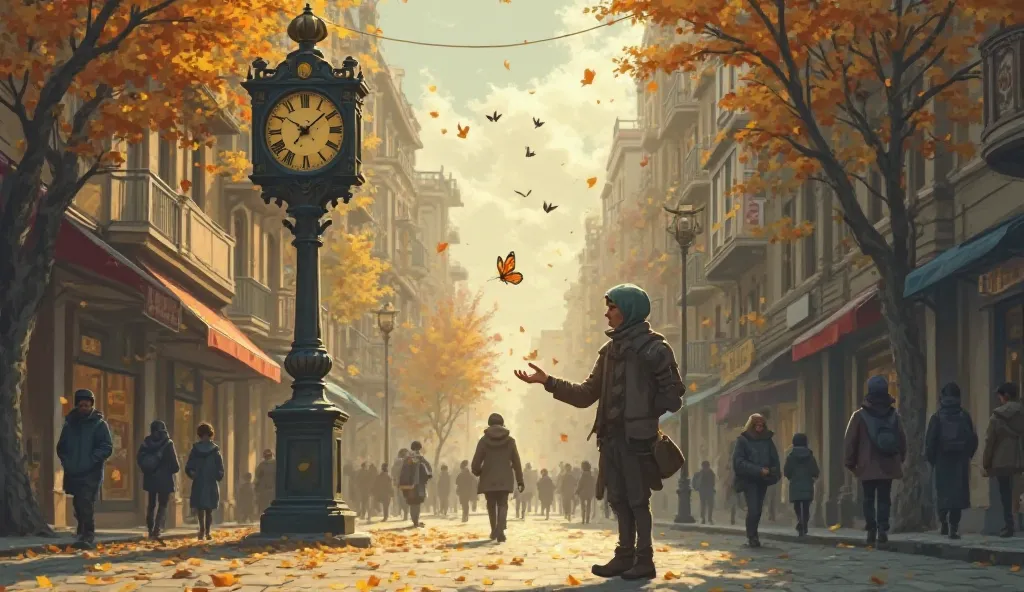 A street scene with small but meaningful synchronicities: a clock showing 11:11, a person finding unexpected money, a butterfly landing on someone’s hand. The scene has a magical yet realistic tone, with soft glowing highlights indicating the universe’s re...