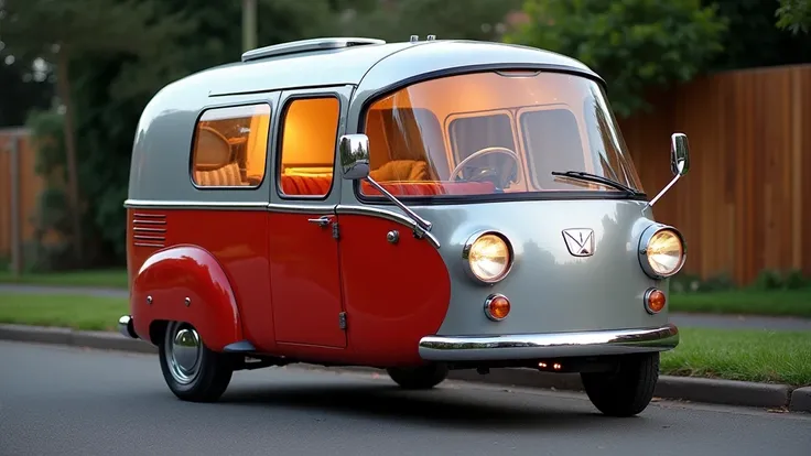 "A compact and futuristic three-wheeled camper van with a retro aesthetic, viewed from the front. The front resembles a vintage Rolling Retreat camper tricycle with round headlights, a curved windshield, and chrome side mirrors. The body is a stylish mix o...