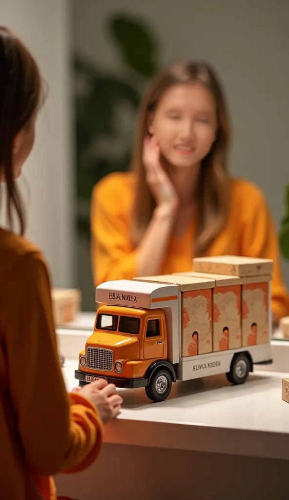 A Tiny Figure delivery team loads neatly packed Zina-branded boxes into a stylish miniature delivery truck. In the background, a happy Tiny Figure customer unboxes her earrings, trying them on in front of a mirror, where soft light enhances their shine