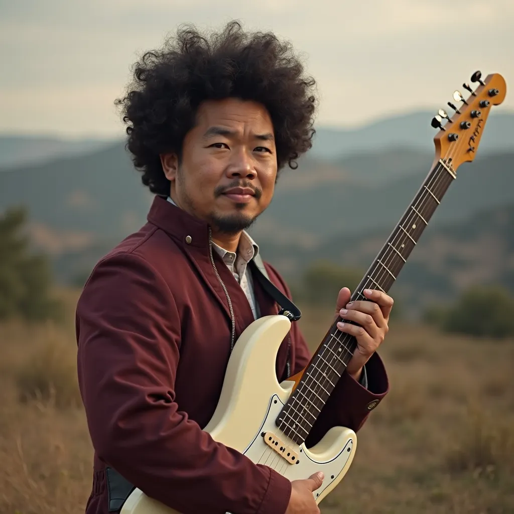 a 35y, Asian man, slightly chubby, calm face, looking at the camera,  fair skins color, afro mid volume hairs, wearing maroon color ala napoleon outfit, holding an electric guitar flying v type ivory white color, pro quality, pro lighting. on the back, cre...