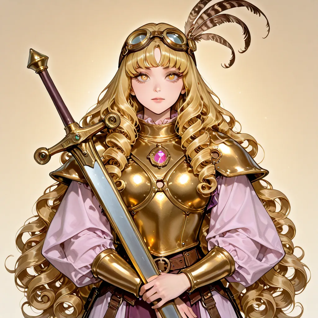 Warrior Style Girl, long hair, looks at one woman,  Hi-Res, solo,  gem,accessories, hair that flutters in the wind, spike hair, curly hair,Pink and Purple Mesh on Blonde Hair, with golden eyes,   vertical pupil /Cat&#39;s Eyes,  Bright Eyes , Solemn,  gogg...