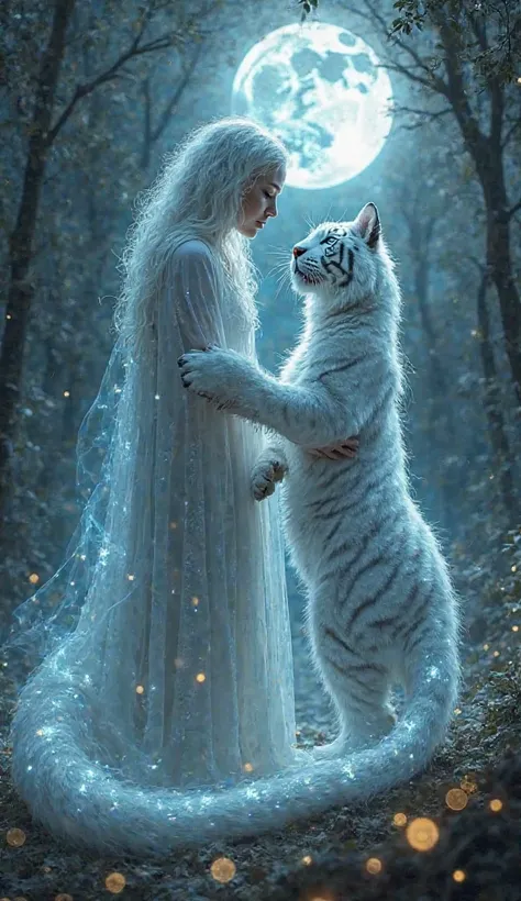 *"The fusion gives birth to the Spectral Moon Tigress. Her once-human form is now a hybrid of spectral feline grace and mystical power. Her skin is pale with shimmering silver patterns resembling ancient runes. Her hair turns an ethereal white, floating we...