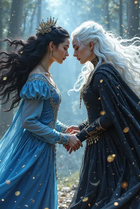 Make a realistic image of a black-haired princess wearing a blue dress in a war of magic against a white, fair-haired Evil Queen who is wearing all-black clothes 