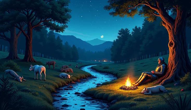 A landscape in the woods, where you can see a stream with animals around him, on the other side a medieval knight in armor lying on an oak resting, This on a starry night. the gentleman heats up with a campfire. This in comic style, cool colors and image w...